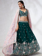 House of Panchhi Teal - Georgette Sequins, Mirror And Thread Embroidery Lehenga Choli | Grocsy