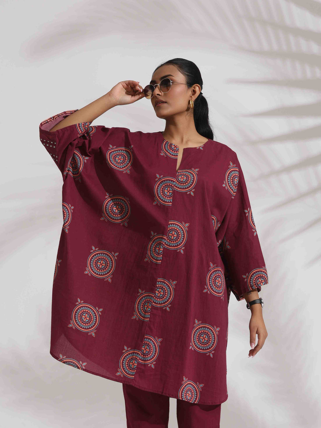 trueBrowns Purple Cotton Print Kurta Co-ord Set | Grocsy
