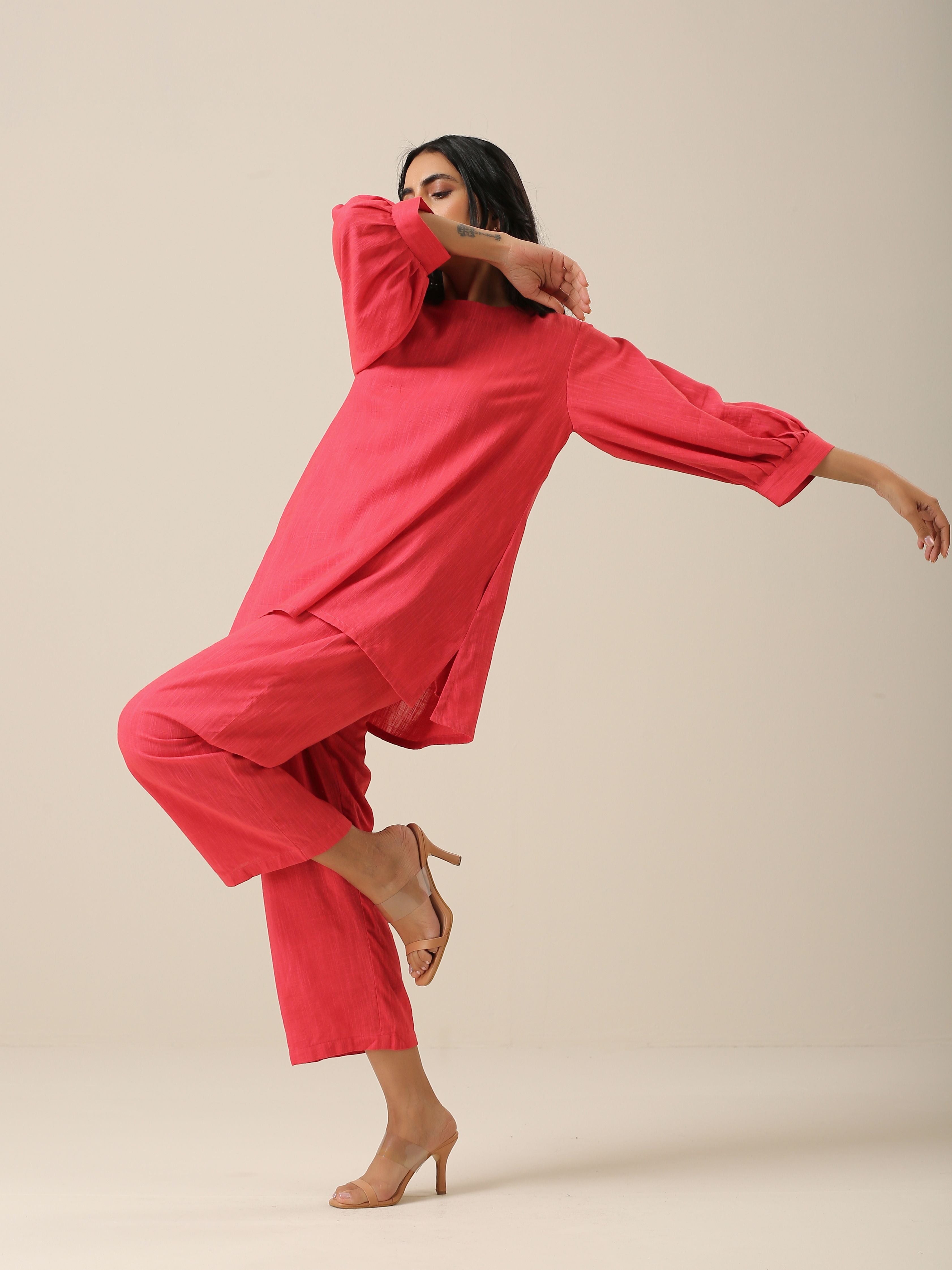trueBrowns Bright Pink Slub Texture Baggy Sleeve Co-Ord Set | Grocsy
