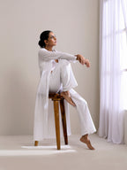trueBrowns White Dobby Overlay Jacket Blouse Pant Set | Grocsy