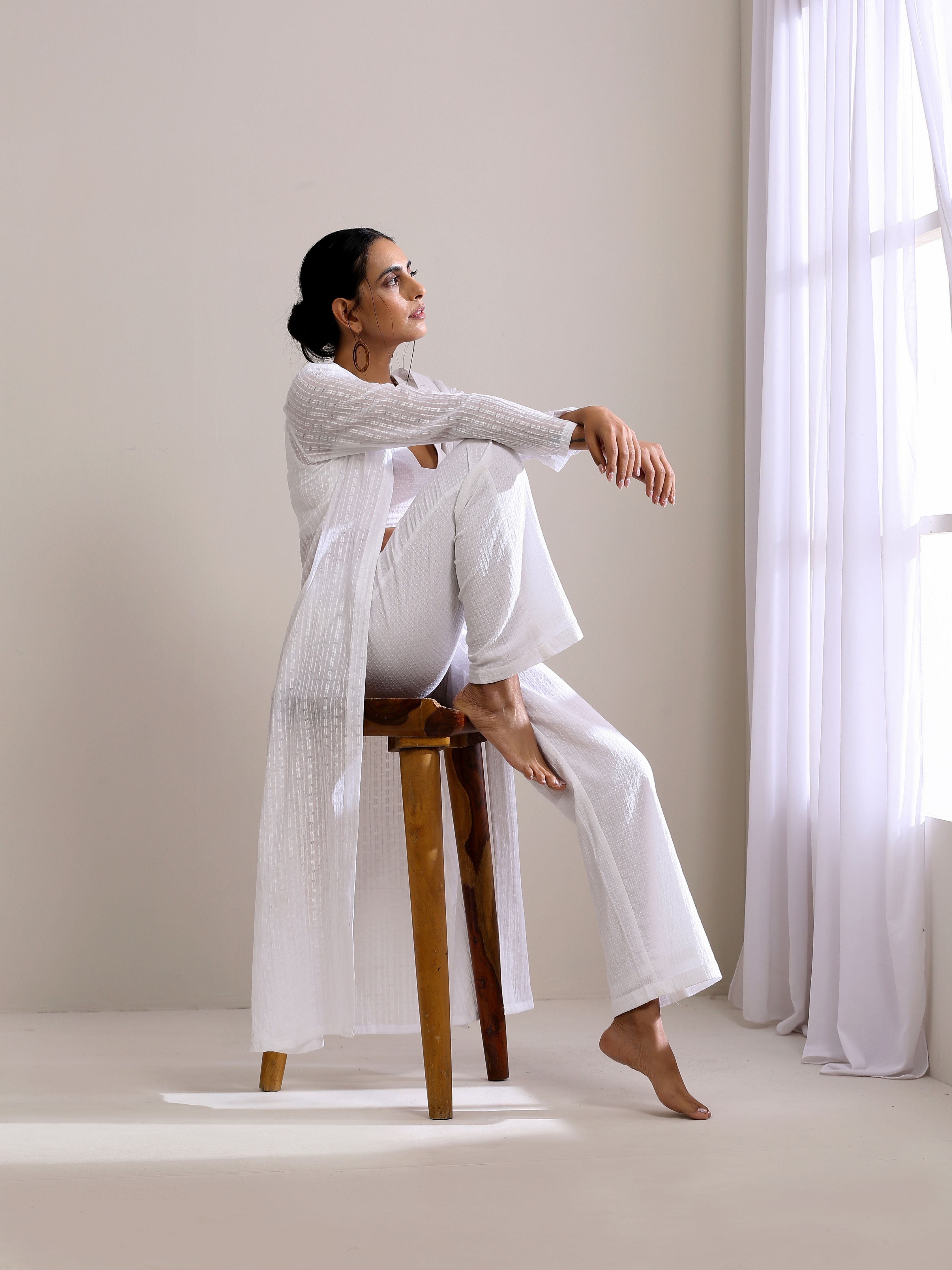 trueBrowns White Dobby Overlay Jacket Blouse Pant Set | Grocsy