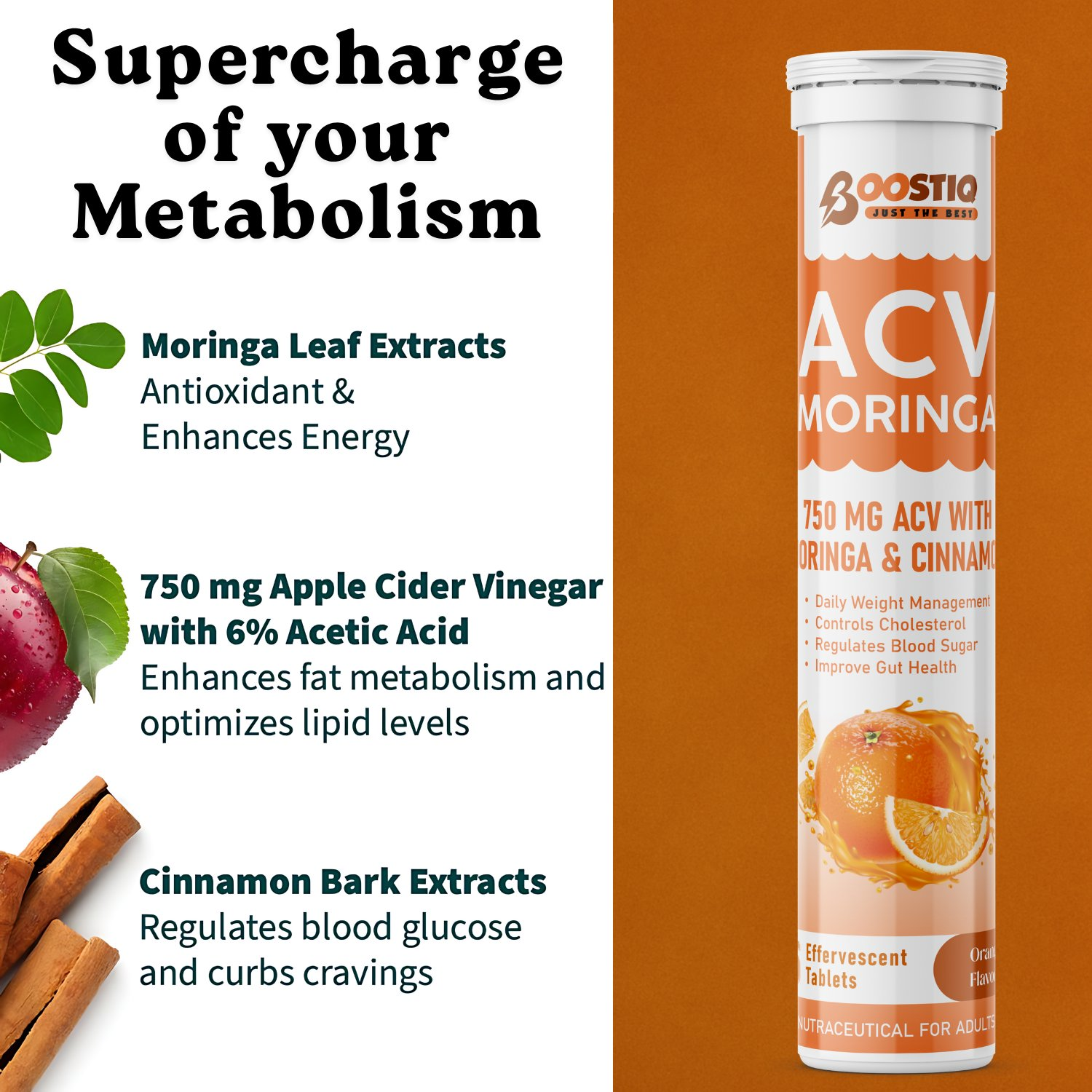 BOOSTIQ ACV Moringa & Cinnamon Effervescent Tablets - Orange Flavour | Grocsy