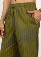 Fabmade Olive Stripe Linen Kurta Set | Grocsy