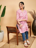 InWeave Women's Pink Foil White Print Angrakha Stright Kurta | Grocsy