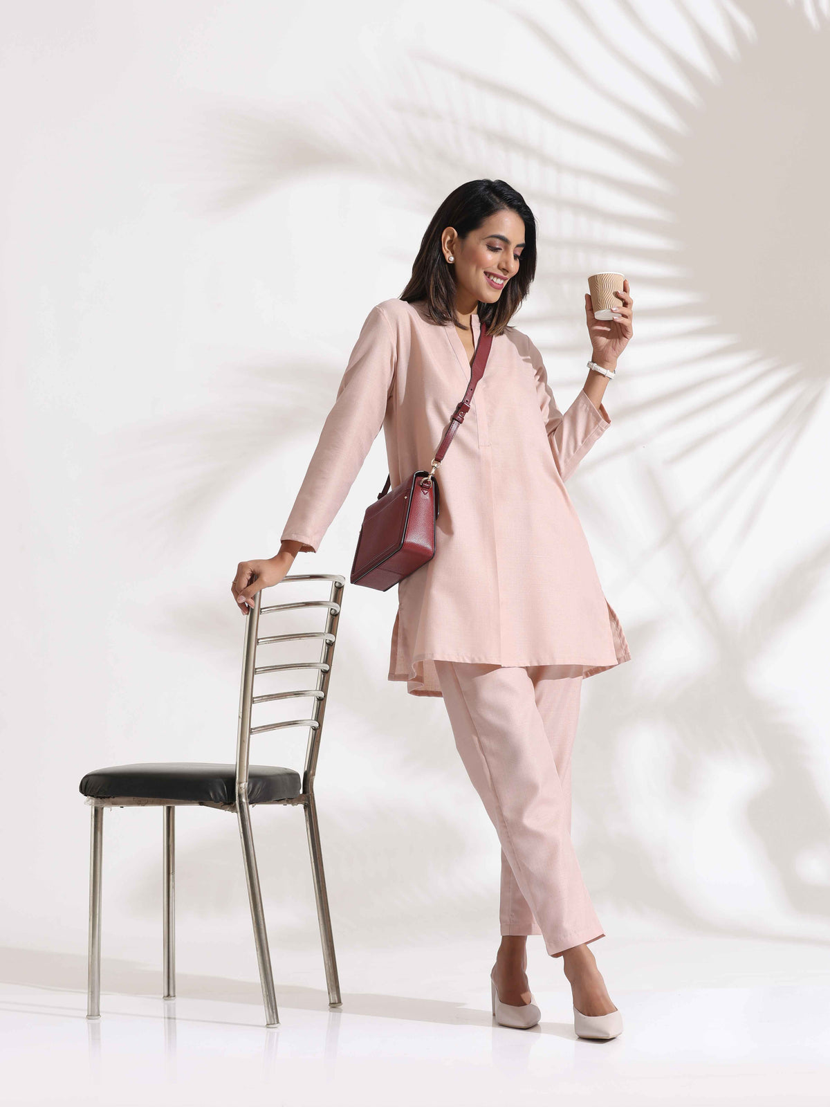 trueBrowns Light Pink Slub Co-ord Set | Grocsy