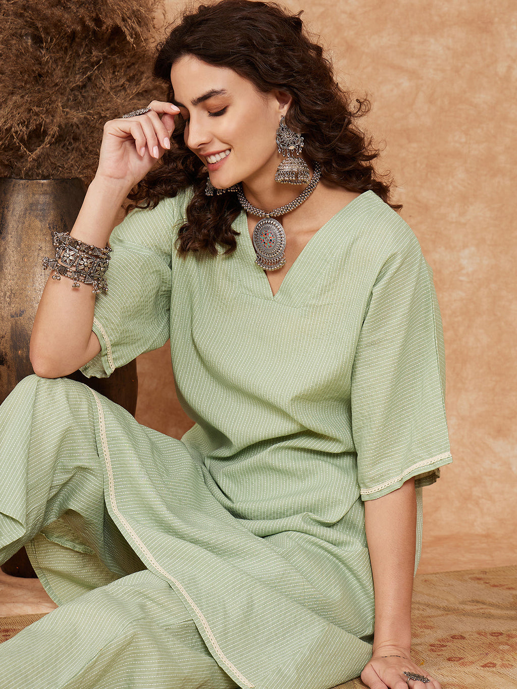 InWeave Women's Sage Green Kantha Lace Wrok Kimono Sleeve Kurta Set | Grocsy