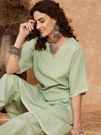 InWeave Women's Sage Green Kantha Lace Wrok Kimono Sleeve Kurta Set | Grocsy