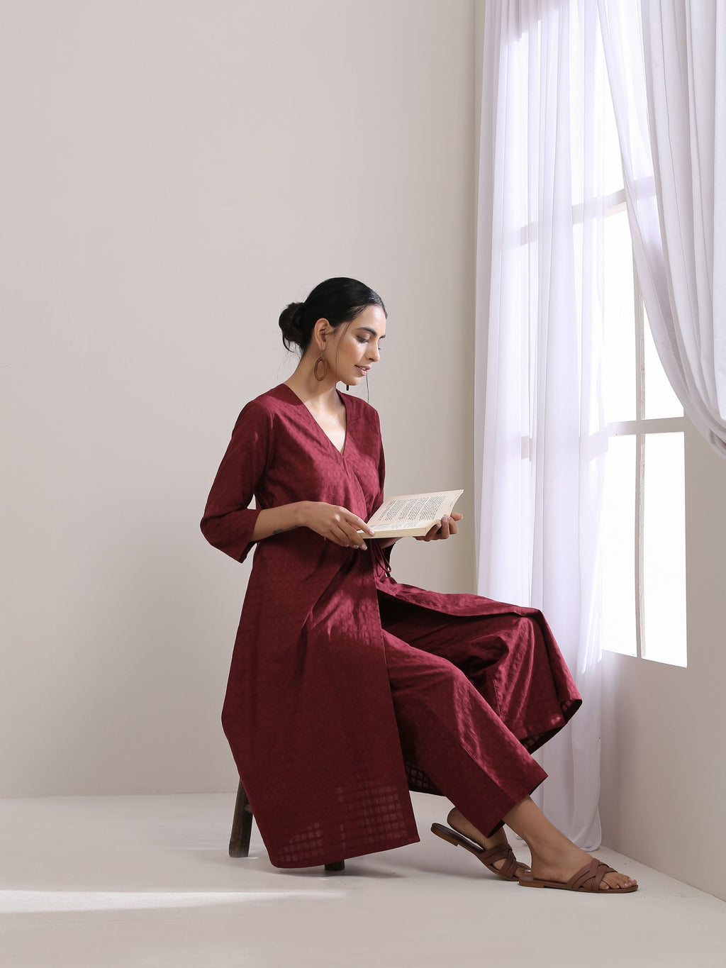 trueBrowns Ruby Wine Dobby Angrakha Pant Set | Grocsy