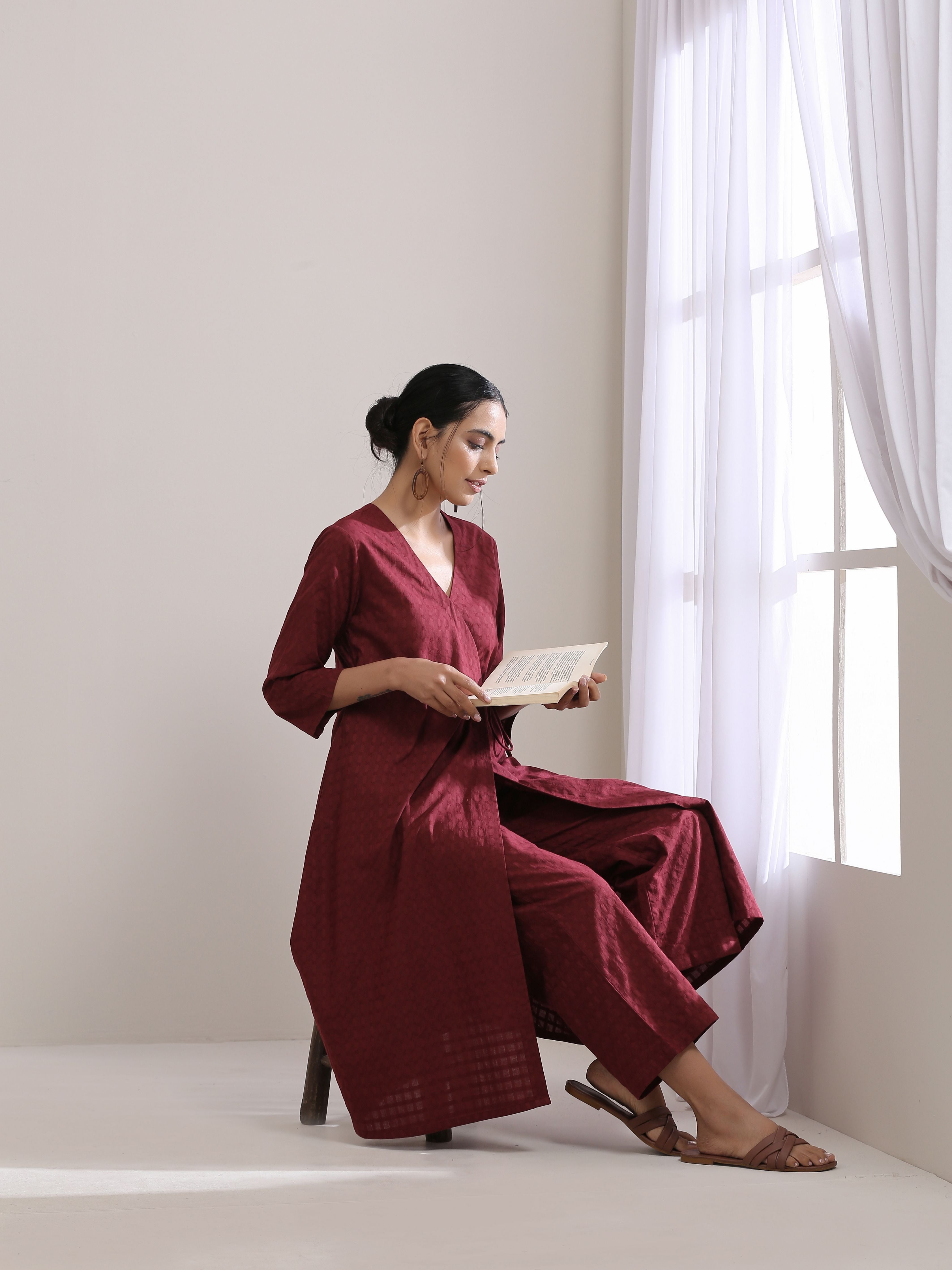trueBrowns Ruby Wine Dobby Angrakha Pant Set | Grocsy