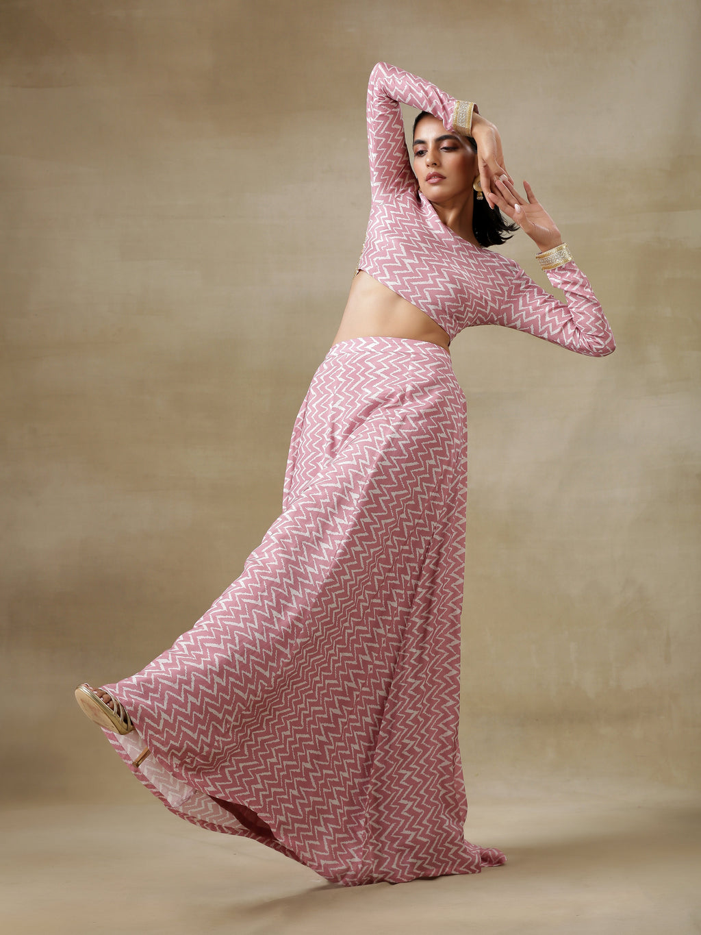 trueBrowns Light Mauve Bandhani Printed Silk Top Skirt Set | Grocsy