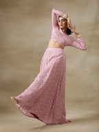 trueBrowns Light Mauve Bandhani Printed Silk Top Skirt Set | Grocsy