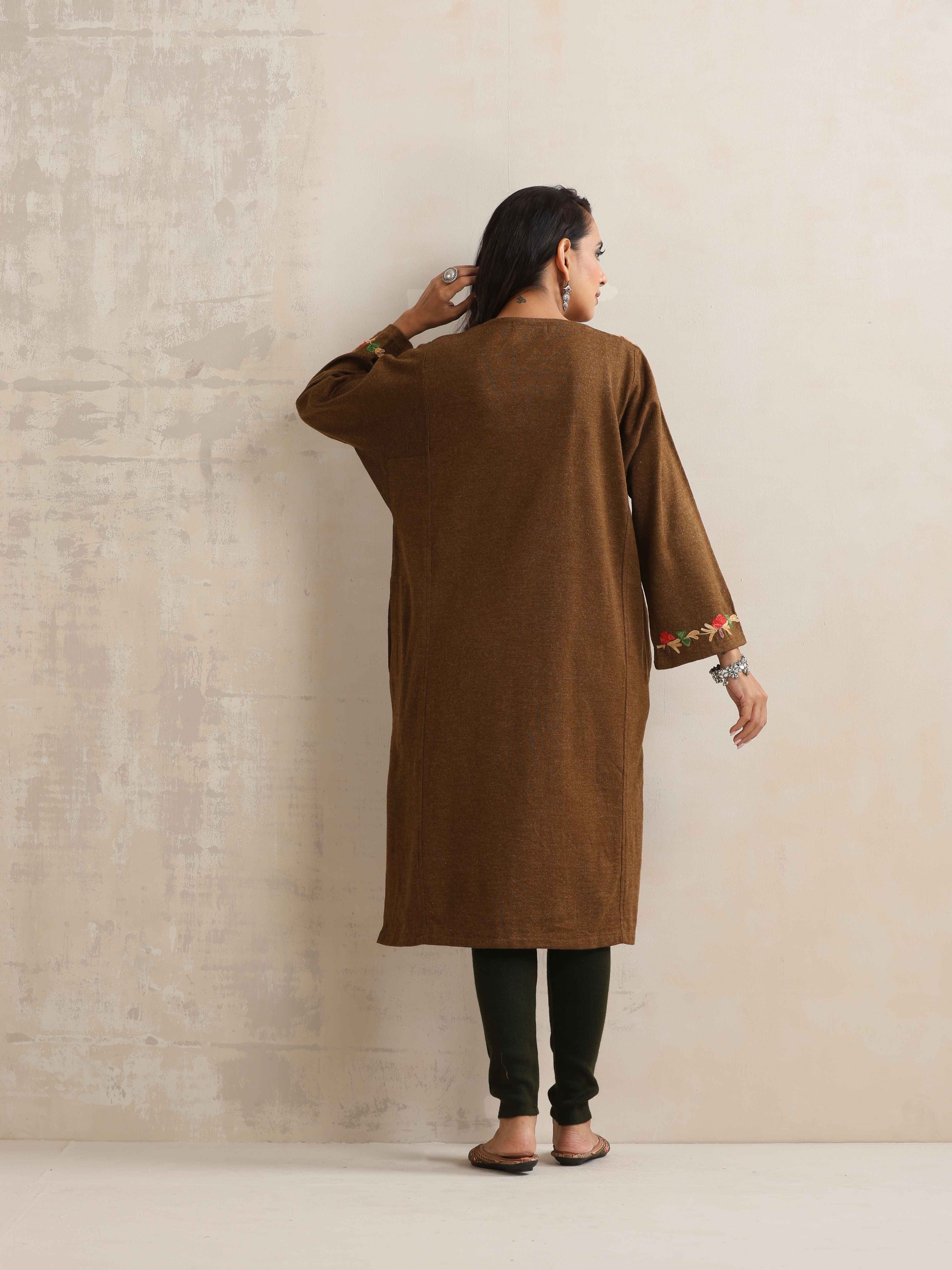 trueBrowns Brown Kashmiri Embroidered Woollen Phiran Kurta | Grocsy