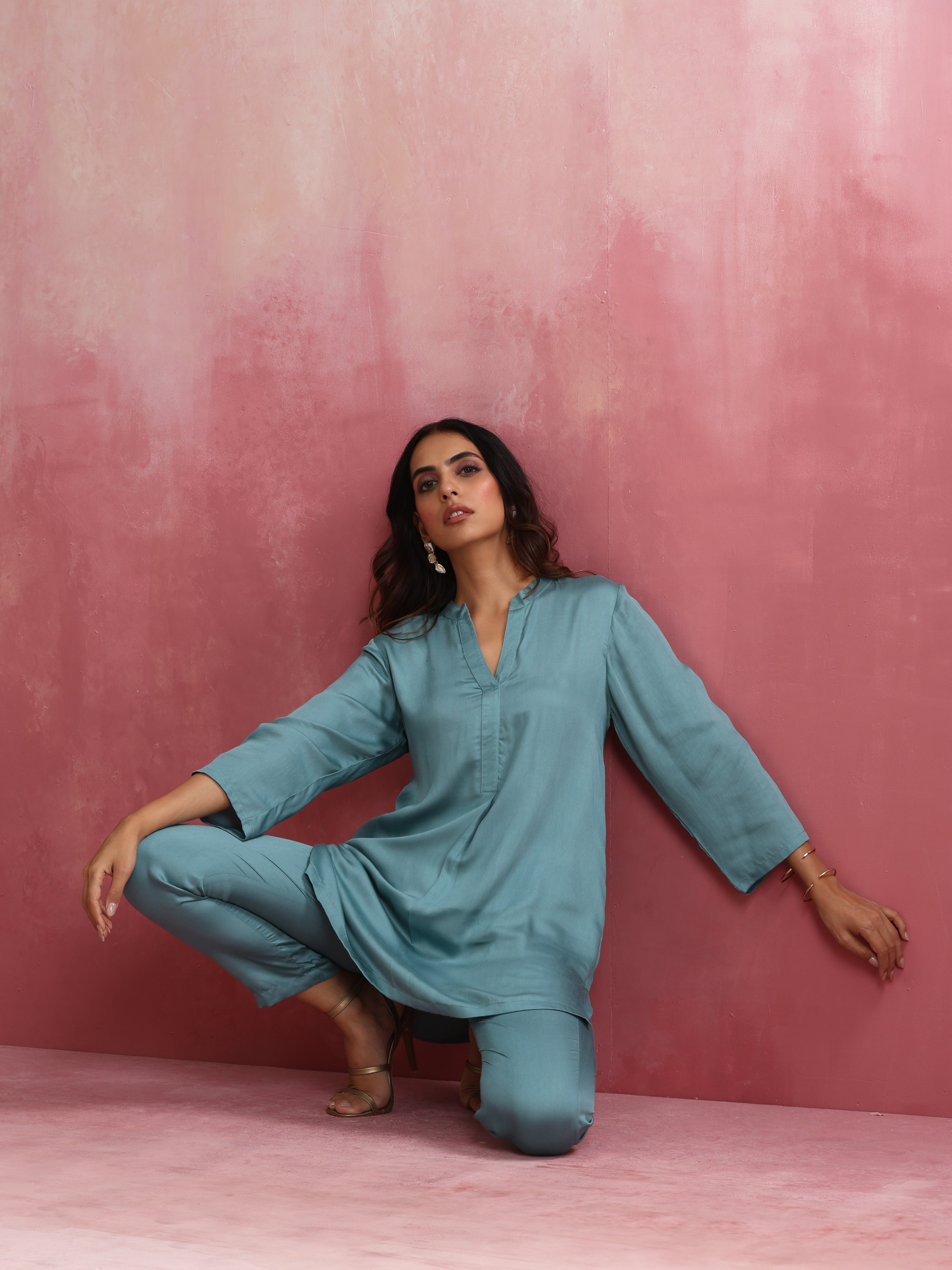 trueBrowns Light Blue Modal Straight Kurta Co-ord Set | Grocsy