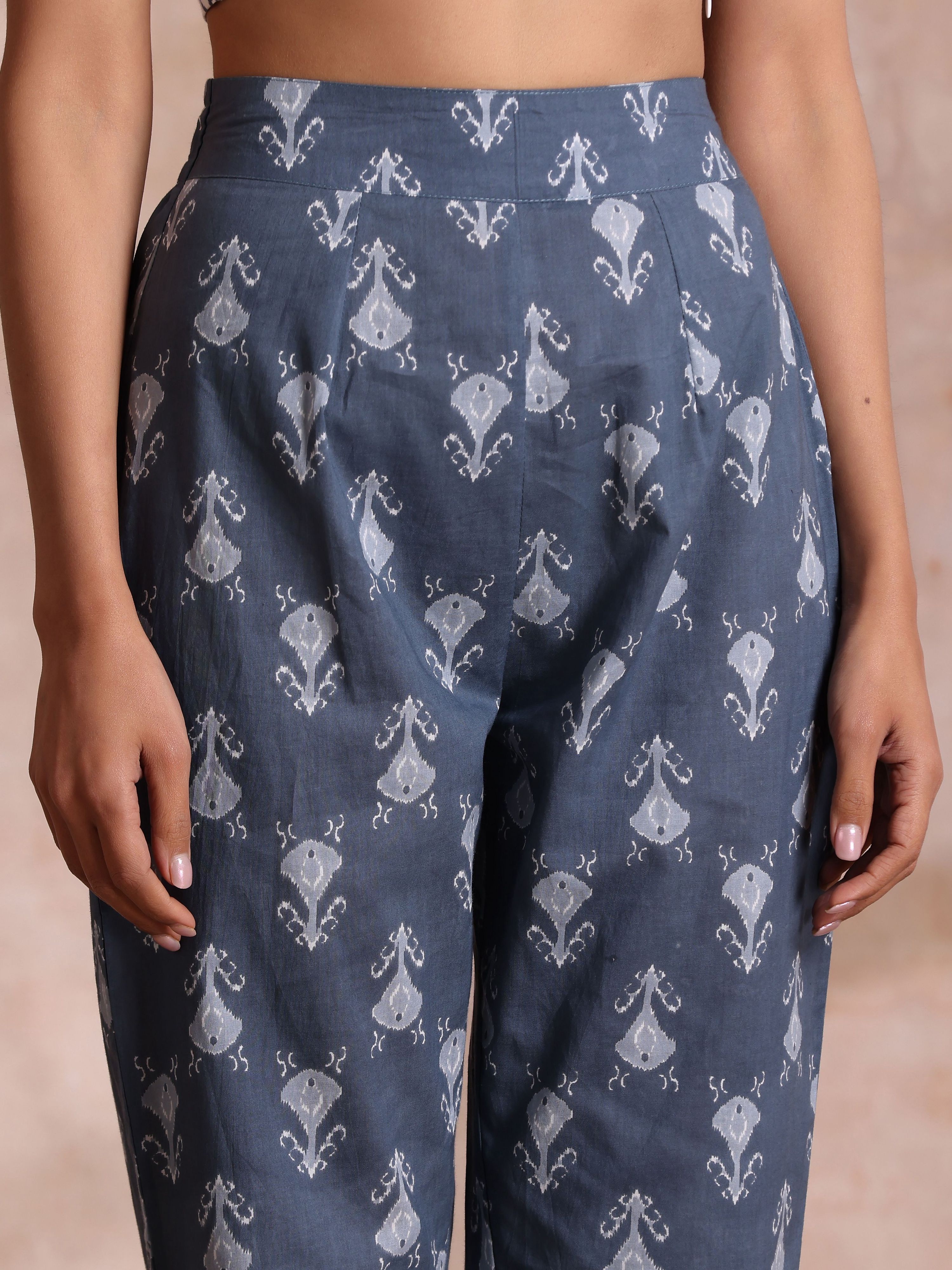 trueBrowns Grey On Grey Ikat Print Cotton Pant Suit Set | Grocsy