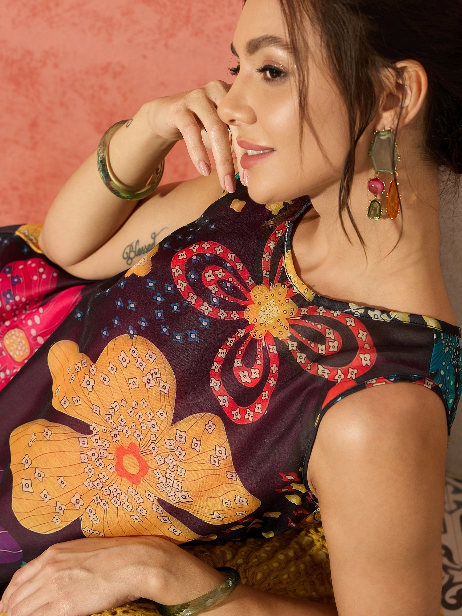 InWeave Black Floral Fuchsia Asymmetrical Dress | Grocsy