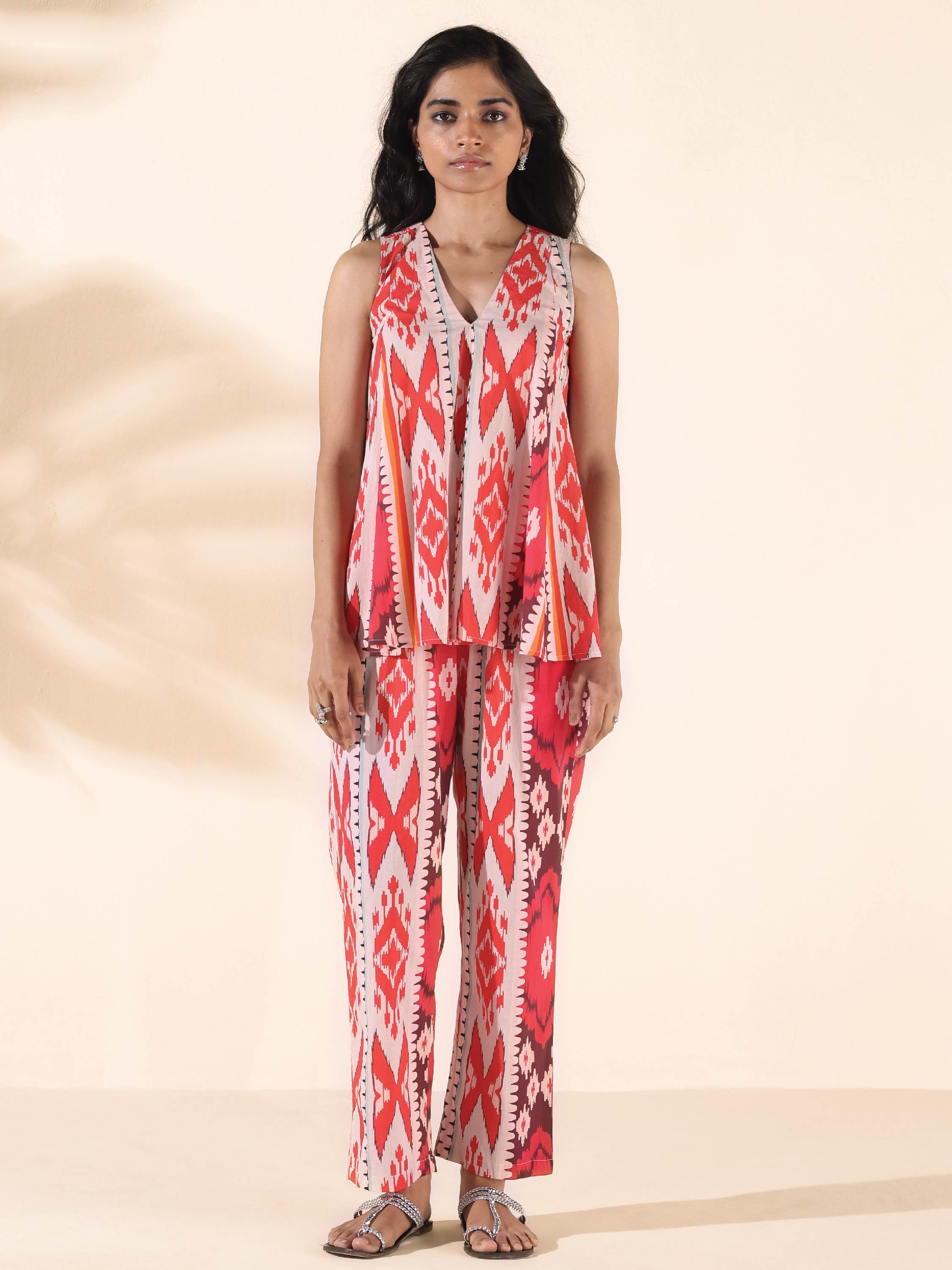 trueBrowns Maroon Cotton Ikat Flared Co-ord Set | Grocsy