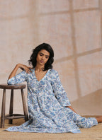trueBrowns White With Overall Blue Print Cotton Slit Gathered Kurta Set | Grocsy
