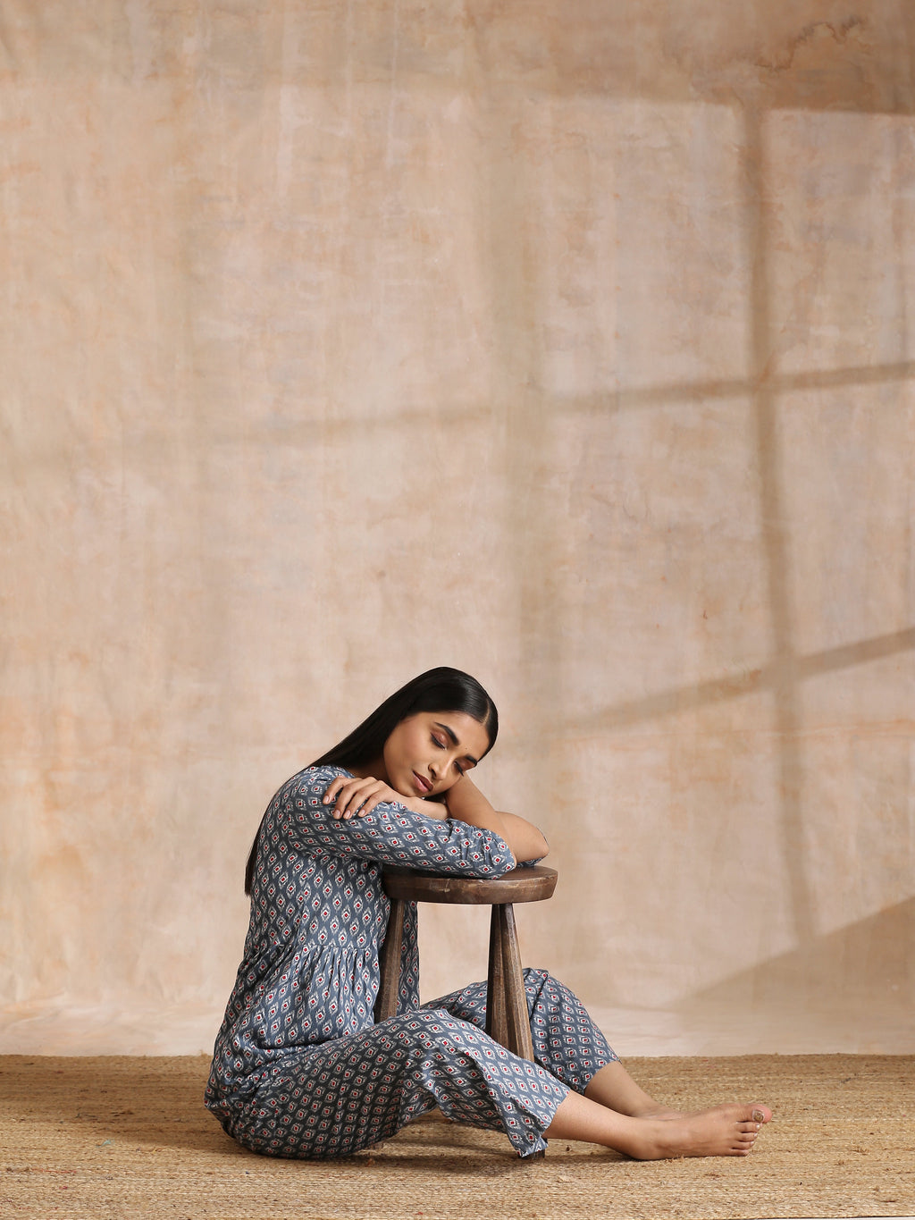 trueBrowns Steel Grey Ikat Print Cotton Gathers Co-Ord Set | Grocsy