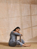trueBrowns Steel Grey Ikat Print Cotton Gathers Co-Ord Set | Grocsy