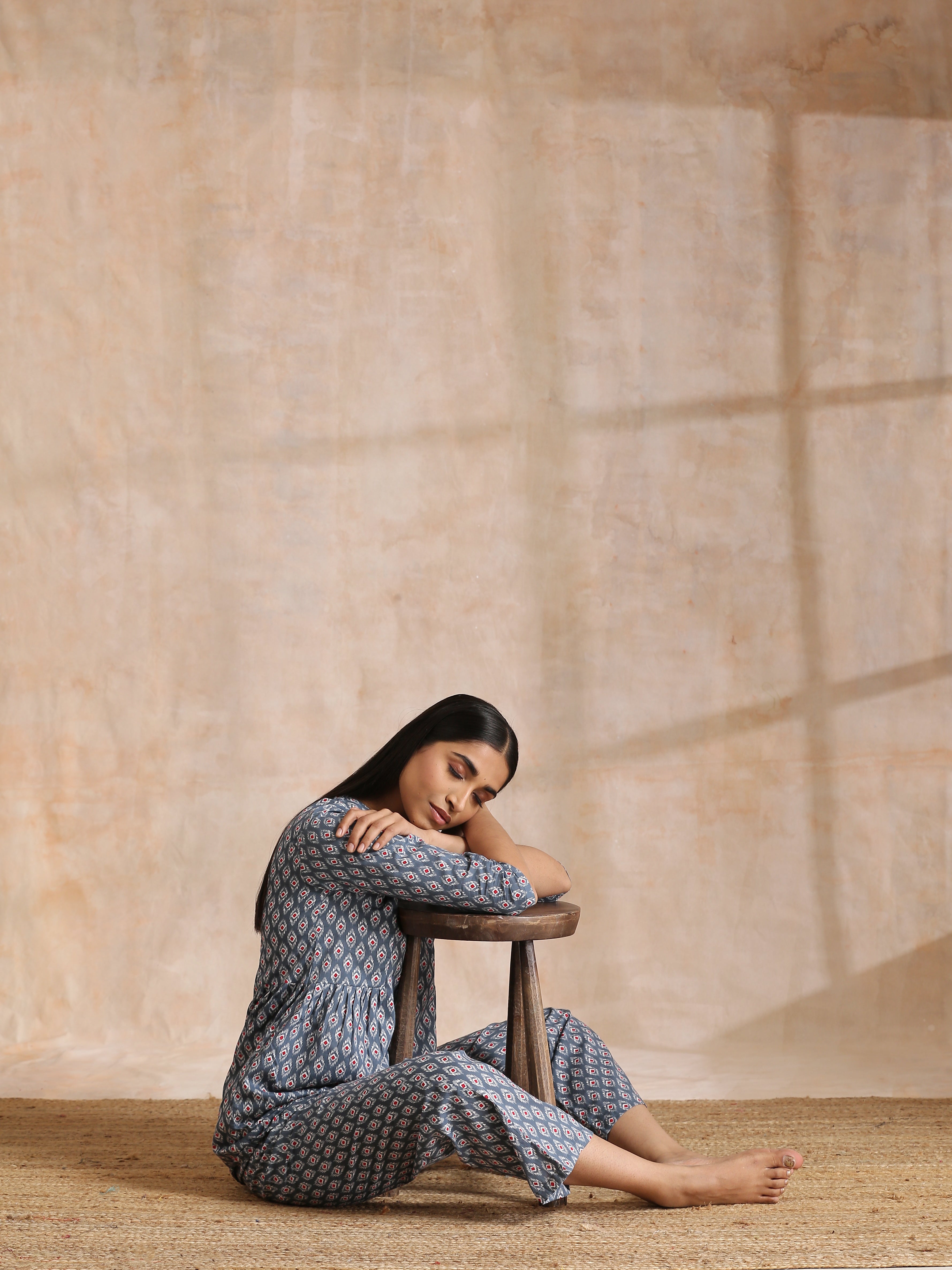 trueBrowns Steel Grey Ikat Print Cotton Gathers Co-Ord Set | Grocsy