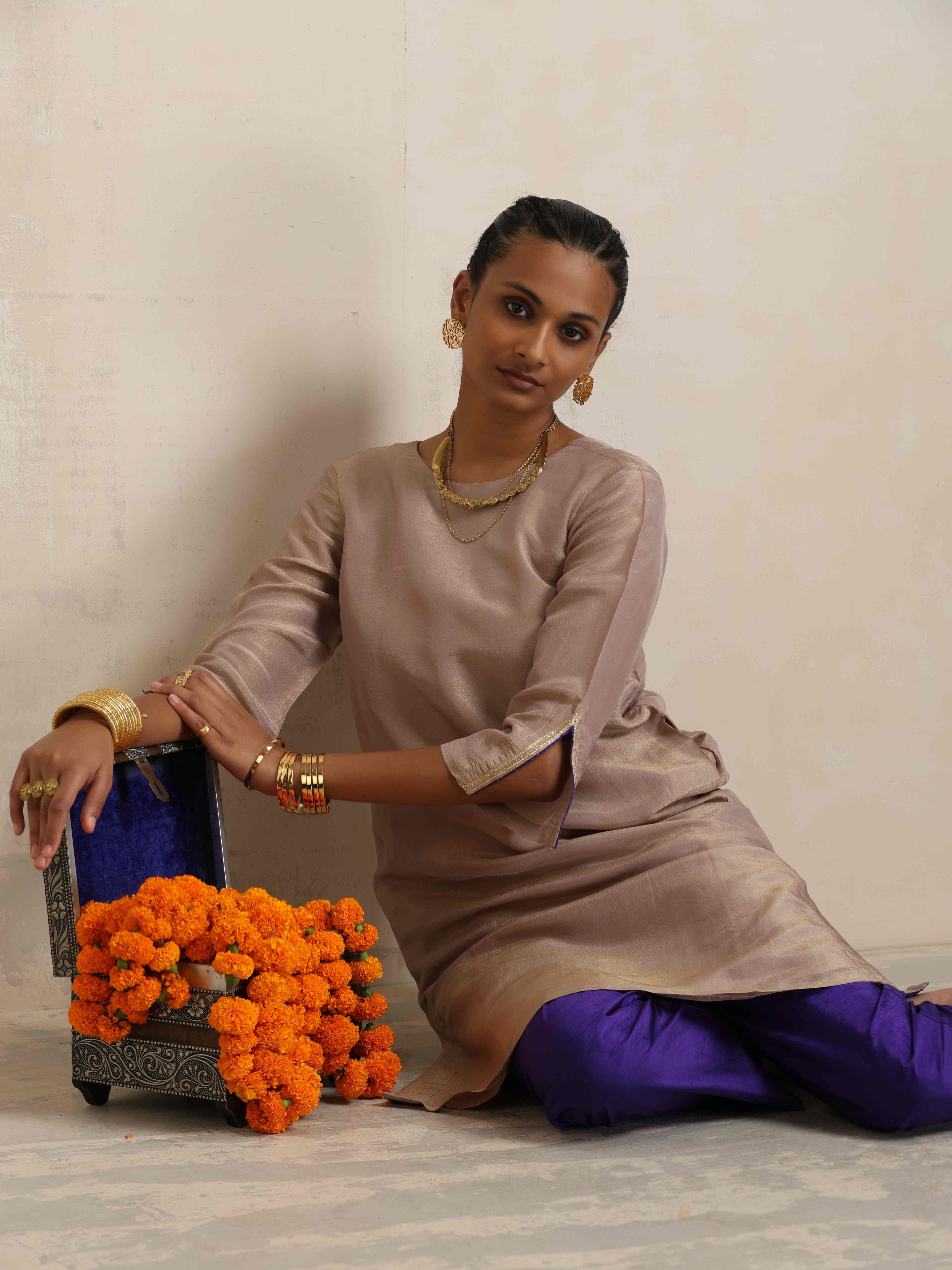 trueBrowns Lilac Tissue Kurta Co-ord Set | Grocsy