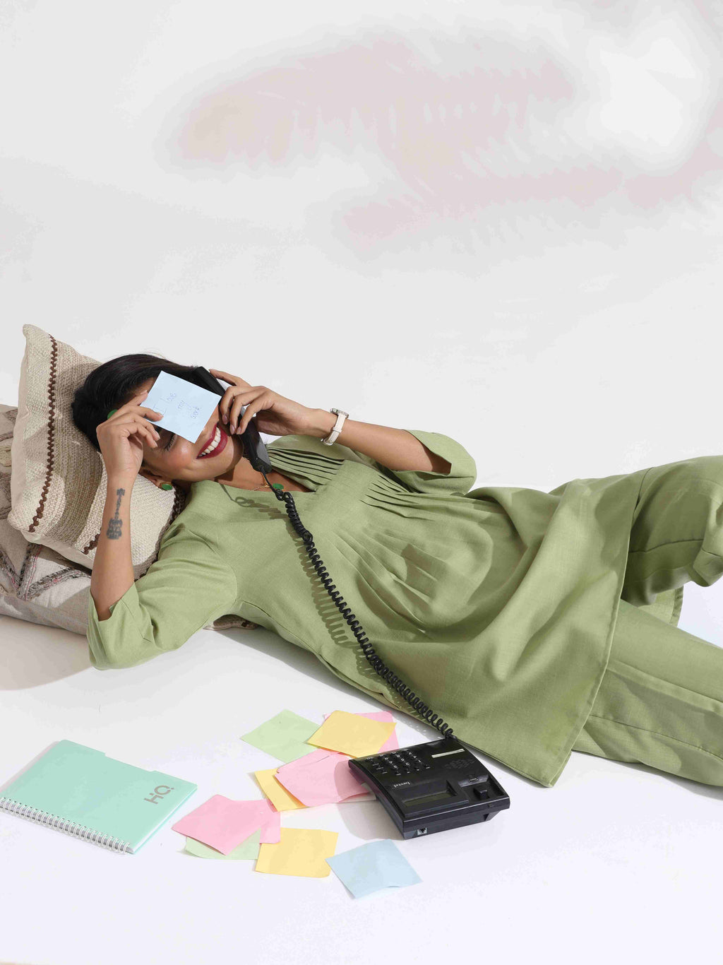 trueBrowns Green Slub Pleated Co-ord Set | Grocsy
