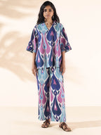 trueBrowns Blue Cotton Ikat V-neck Co-ord Set | Grocsy