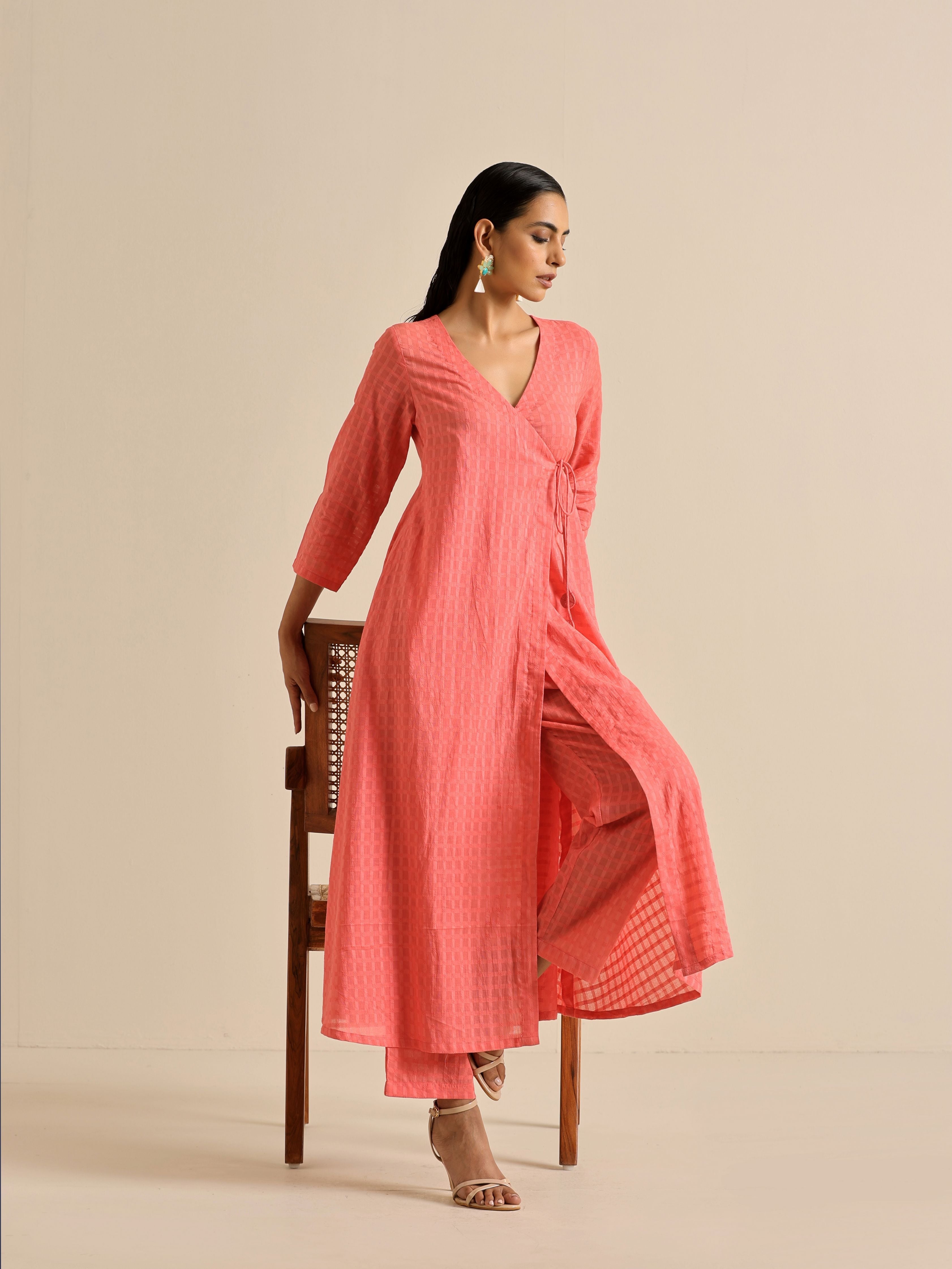 trueBrowns Bright Pink Dobby Angrakha Kurta Pant Set | Grocsy
