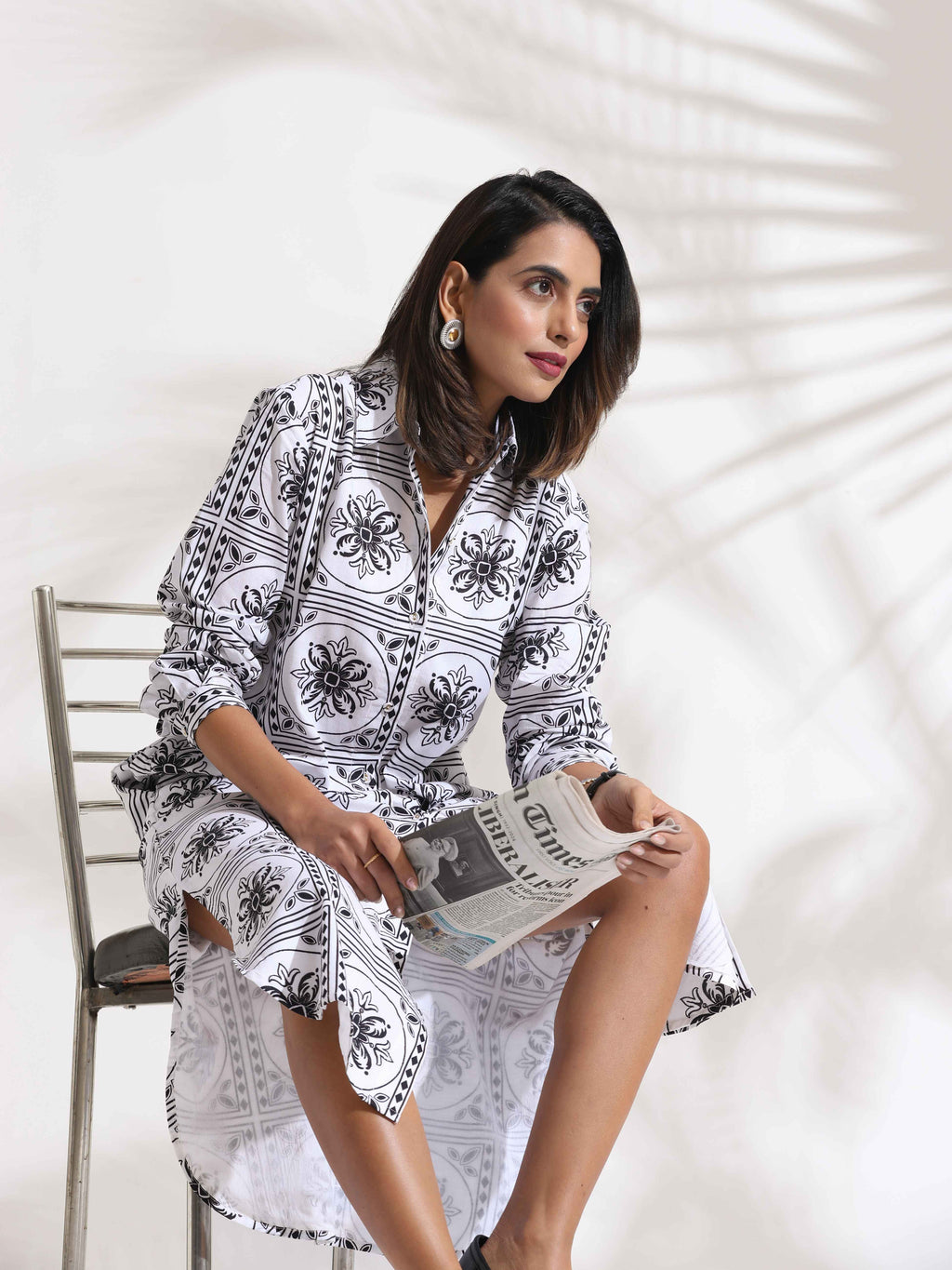 trueBrowns White Cotton Print Shirt Dress | Grocsy