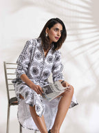 trueBrowns White Cotton Print Shirt Dress | Grocsy