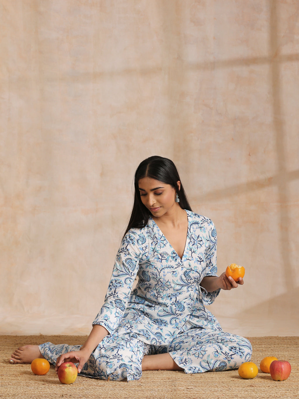 trueBrowns White With Overall Blue Print Cotton Angrakha Kurta Pant Set | Grocsy