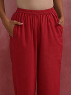 trueBrowns Red Straight Cotton Dobby Kurta Set | Grocsy