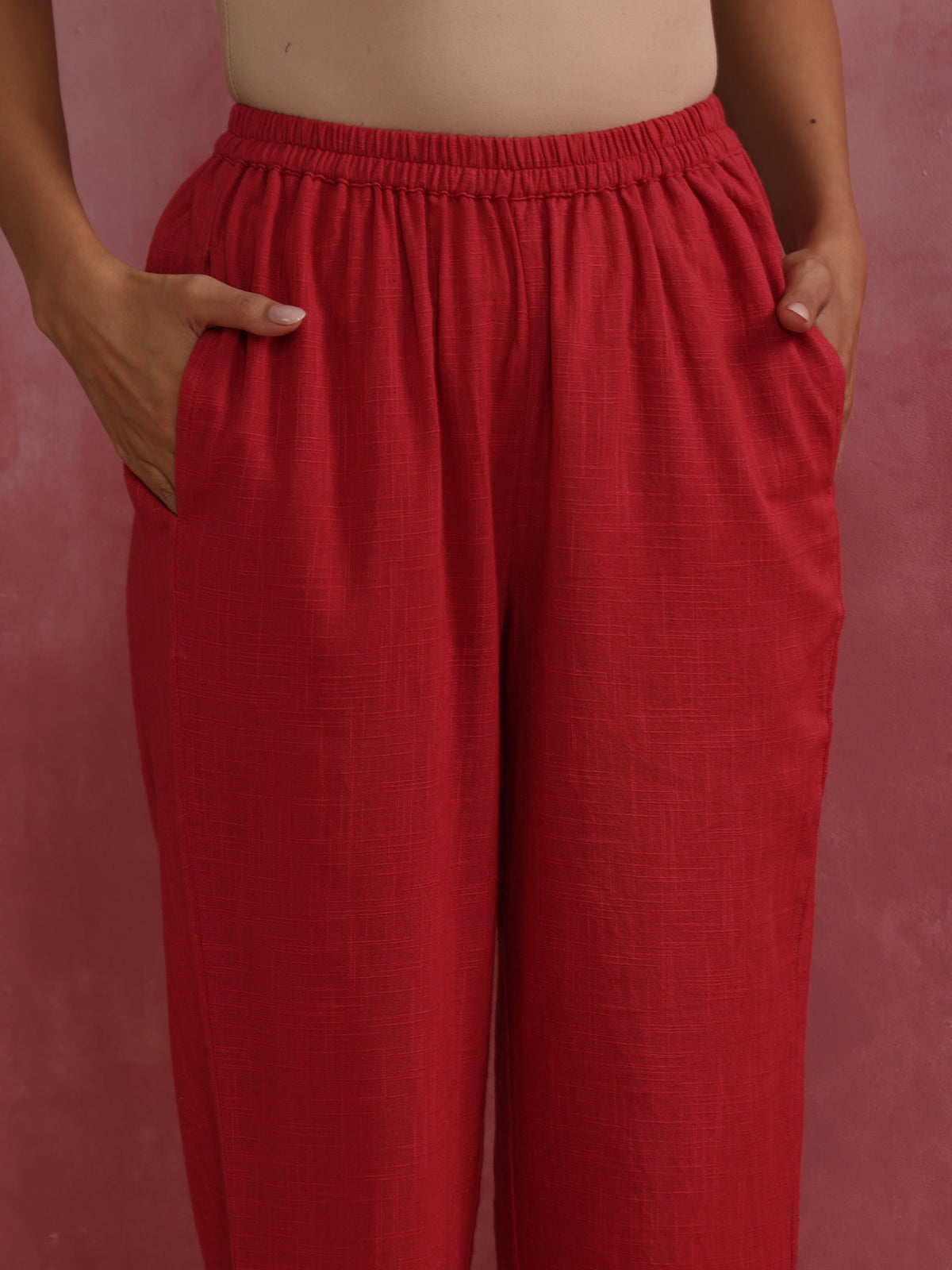 trueBrowns Red Straight Cotton Dobby Kurta Set | Grocsy