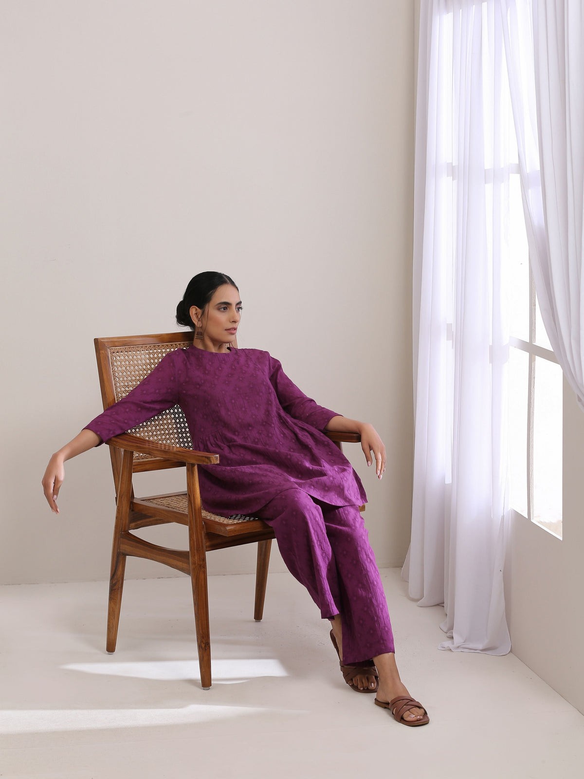 trueBrowns Plum Purple Dobby Gathers Co-Ord Set | Grocsy