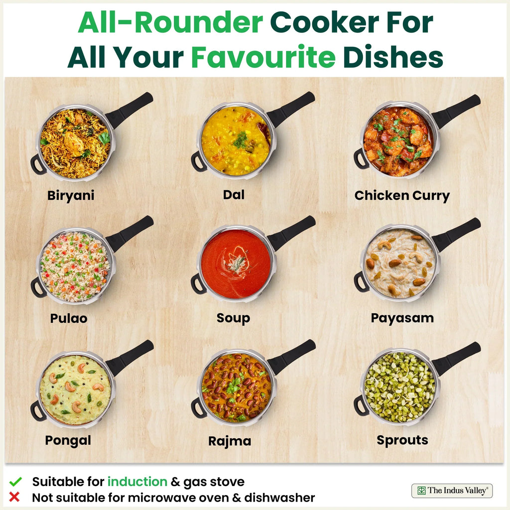 The Indus Valley QuicKooker Tri-Steel Stainless Steel Pressure Cooker, Premium Quality, 3 Layer Heavy Bottom, 100% Safe, ISI Certified, Induction & Gas, 3/5 L | Grocsy
