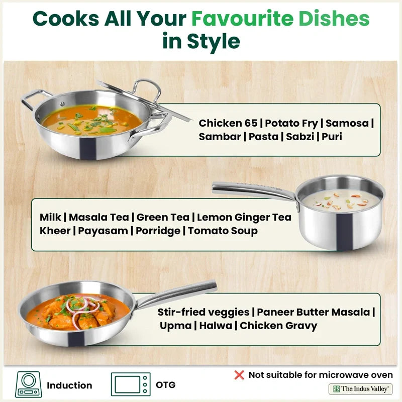 The Indus Valley TurboCuk Tri-ply Stainless Steel Cookware Set: 24cm Kadai with Lid + 22cm Fry Pan + 16cm Sauce pan, Premium Quality, 3 Layer Thick Body, 100% Toxin-free, Non-stick, Induction & Gas | Grocsy