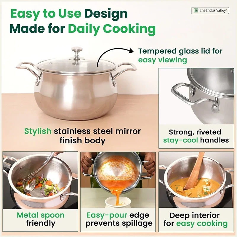 The Indus Valley TurboCuk Tri-ply Stainless Steel Handi Casserole/ Biryani Cooking Pot+ Glass Lid, Premium Quality, 3 Layer Thick Body, 100% Toxin-free, Non-stick, Induction & Gas, 4L | Grocsy