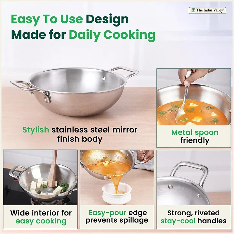 The Indus Valley TurboCuk Tri-ply Stainless Steel Kadai, Premium Quality, 3 Layer Thick Body, 100% Toxin-free, Non-stick, Induction & Gas, Free ₹110 Spatula, 1.7/2.7/3.5L | Grocsy
