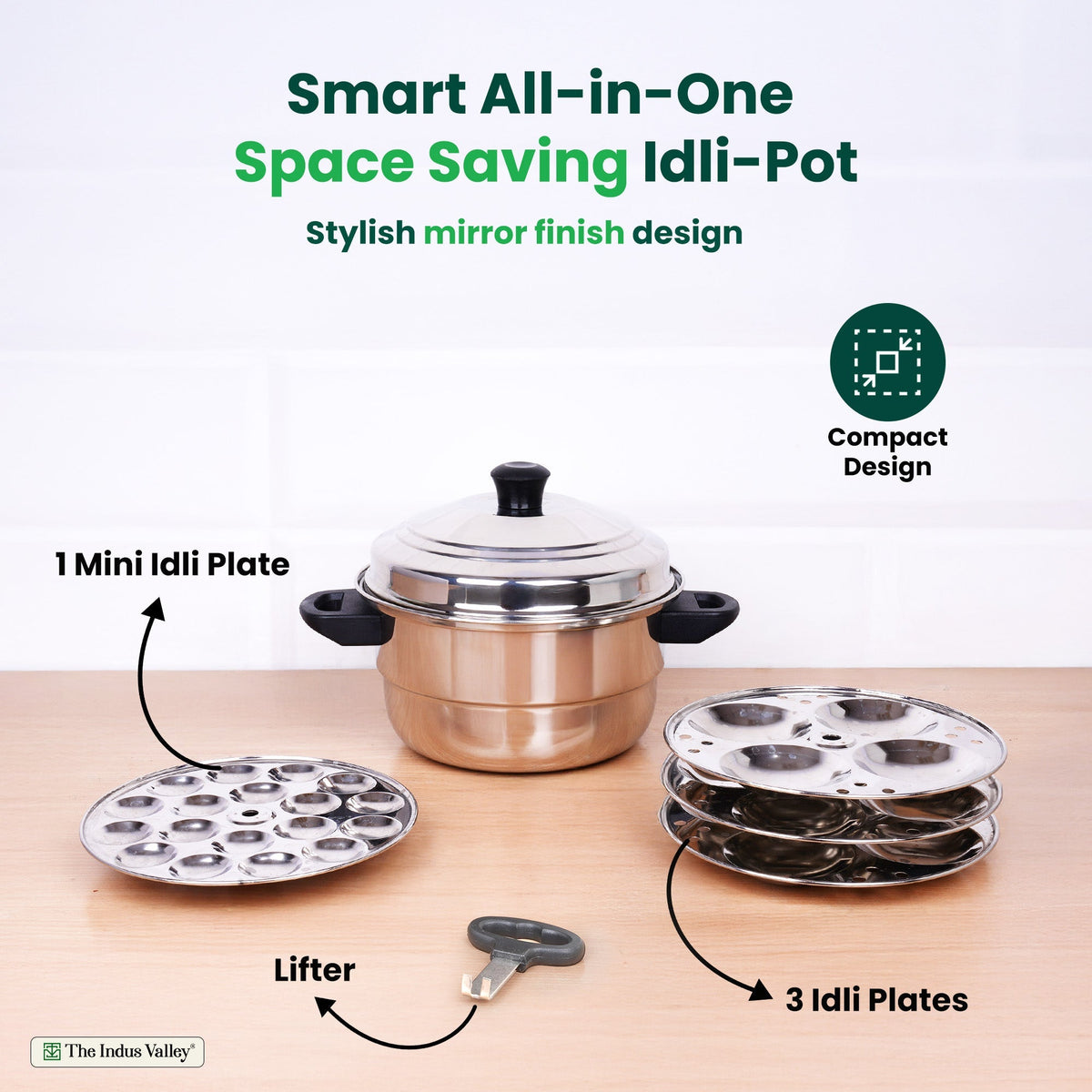 The Indus Valley Premium Stainless Steel idlipot regular with mini idli plates-(3+1) Idli/ Momo Maker/  Veg Steaming Set, Tri-ply Induction Bottom, 4 Plates | Grocsy