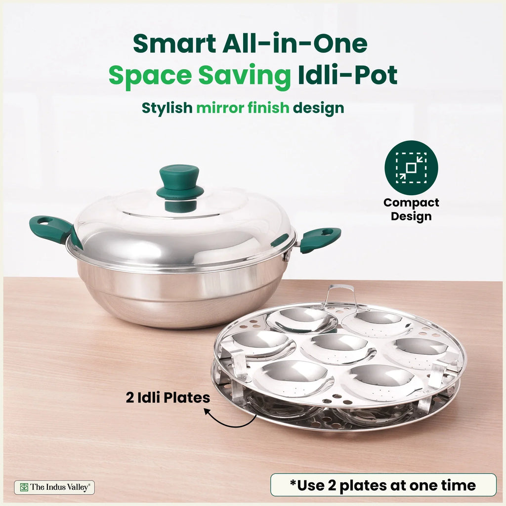 The Indus Valley 14 Pit Tri-Steel Multi Pot Premium Stainless Steel Idli/ Momo Maker/  Veg Steaming Set, Tri-ply Induction Bottom, 2 Plates, 27cm | Grocsy