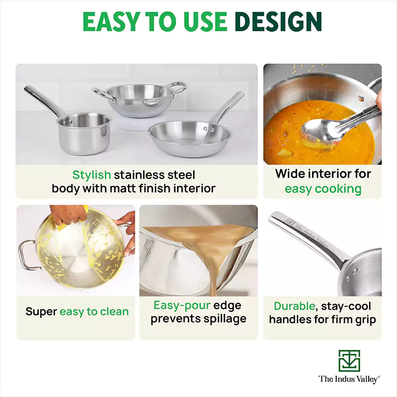 The Indus Valley TurboCuk Tri-ply Stainless Steel Cookware Set: 2.2L Kadai+ 1.4L Frypan+  1.2L Tea/Milk pan, Premium Quality, 3 Layer Thick Body, 100% Toxin-free, Non-stick, Induction & Gas | Grocsy
