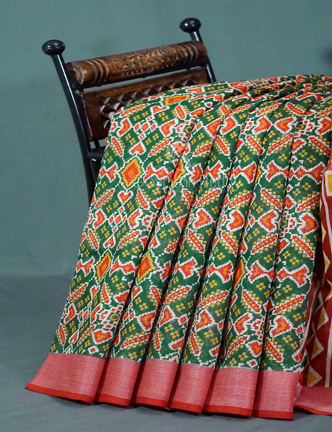 Shades of Navy Parrot Green Colour Patola Print Semi Chanderi Saree By Gayathri Reddy Designer Studio | Grocsy