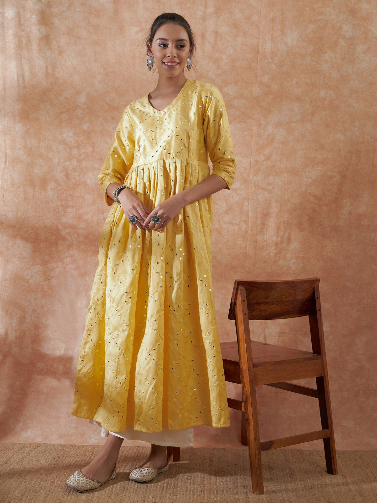 InWeave Women's Light Yellow Mirror Work Long Anarkali Kurta | Grocsy