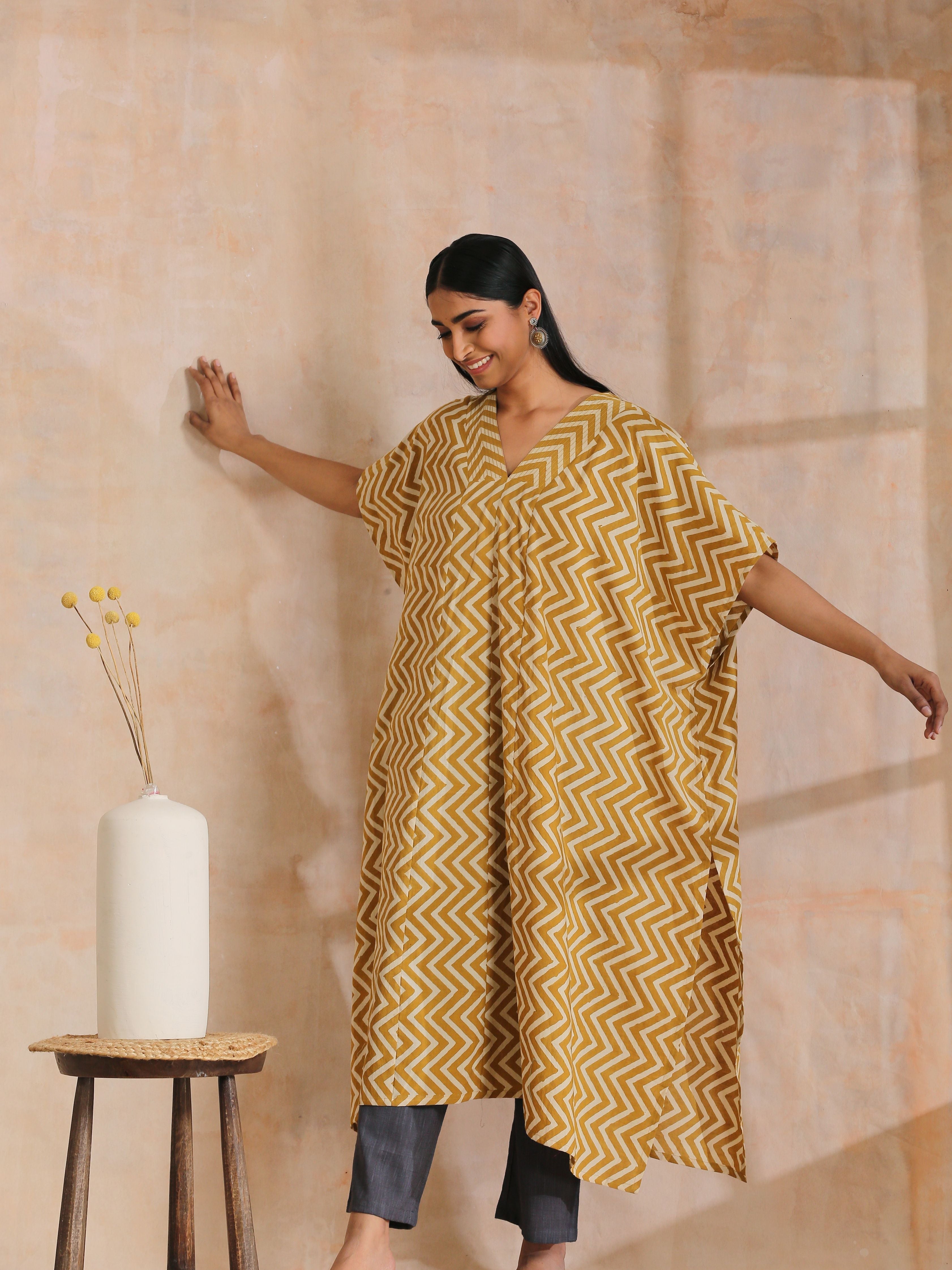 trueBrowns Mustard Dabu Zig-Zag Lines Print Cotton Panel Kaftan Kurta Pant Set | Grocsy