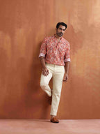 trueBrowns Men's Beige Printed Short Kurta | Grocsy