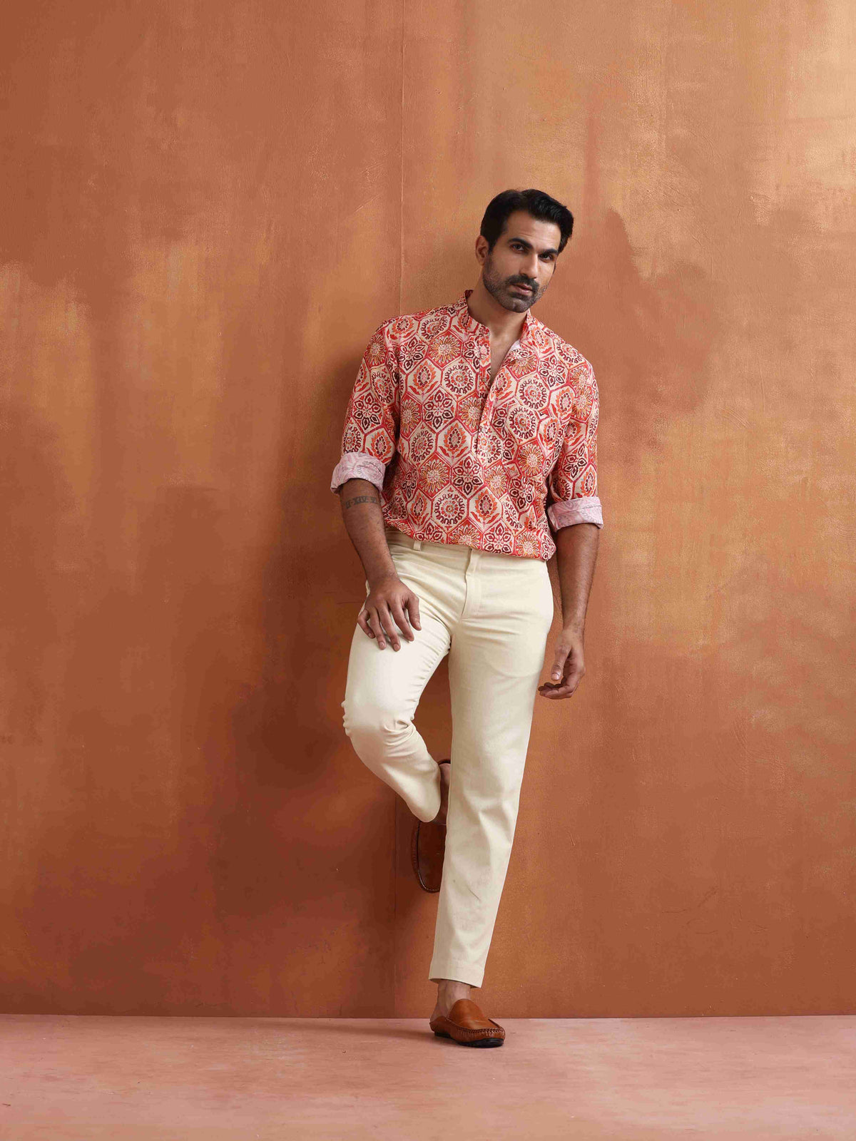 trueBrowns Men's Beige Printed Short Kurta | Grocsy