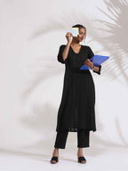 trueBrowns Black Cotton High Slit Kurta Set | Grocsy