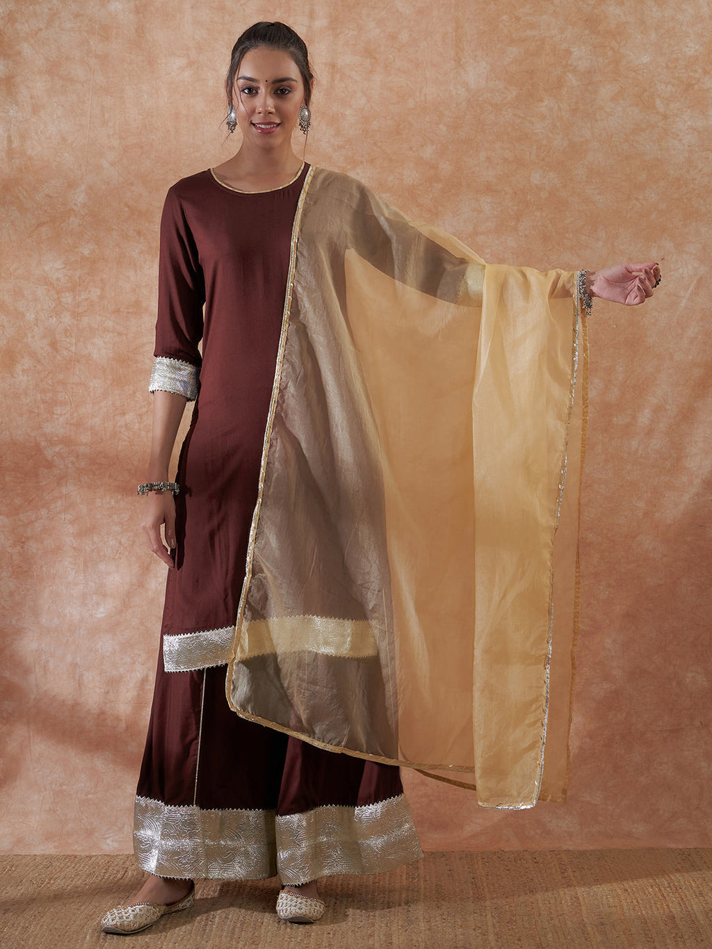 InWeave Women's Brown Gota Work Anarkali Kurta Set W Dupatta | Grocsy
