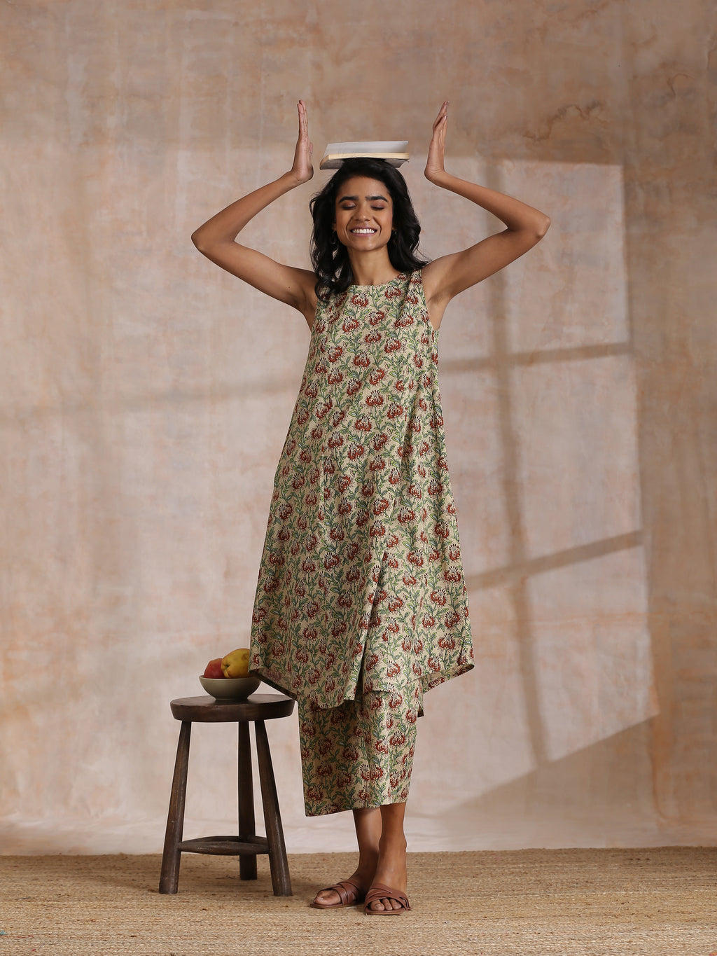 trueBrowns Beige Overall Brown Floral Block Print Cotton High-Low Co-Ord Set | Grocsy