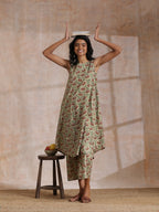 trueBrowns Beige Overall Brown Floral Block Print Cotton High-Low Co-Ord Set | Grocsy